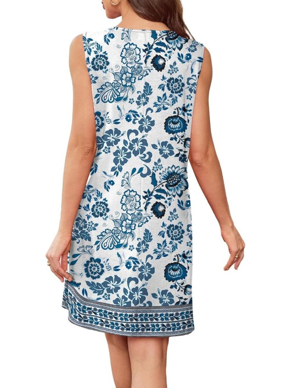 Women's Floral Blue Cover Up Sleeveless Summer Lace Crewneck Sundress Mini Dress - Picture 5 of 5